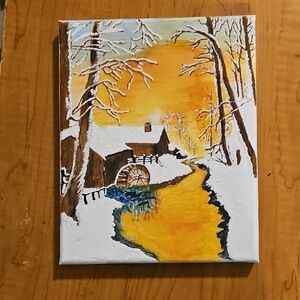 From Moms Closet Handmade Winter Landscape Canvas Art with Golden Stream